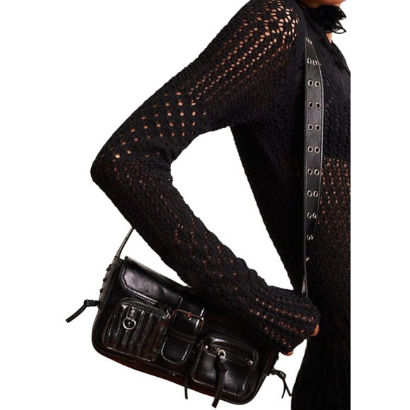 FREE PEOPLE BLACK LEATHER HIGH SPEED LACE UP SIDES GROMMET DETAILS CROSSBODY BAG - Picture 1 of 16
